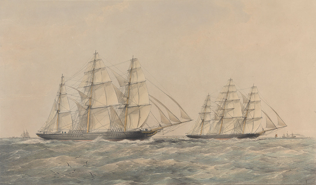 The Great China Race. PAH8572 S4144 Inscription: The Great China Race. The Clipper Taeping & Ariel passing the Lizard Sept 6th 1866 on their homeward voyage from Foo-Chow-Foo. T. G. Dutton Del et Lith Taeping (left) and Ariel (right)